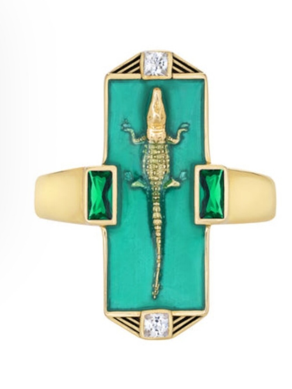 Gold Ring with Turquoise Green Inlay and Cross Accent